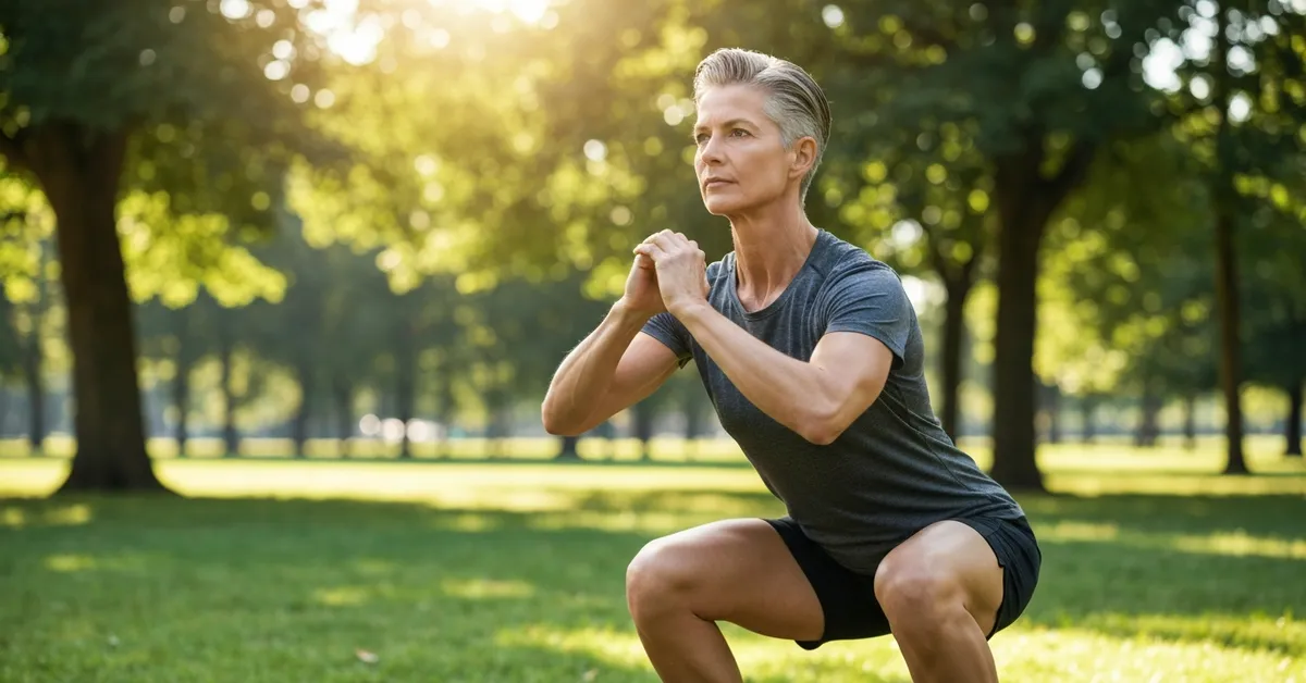 capital musculaire longévité : Homme actif de 50 ans pratiquant le renforcement musculaire en extérieur