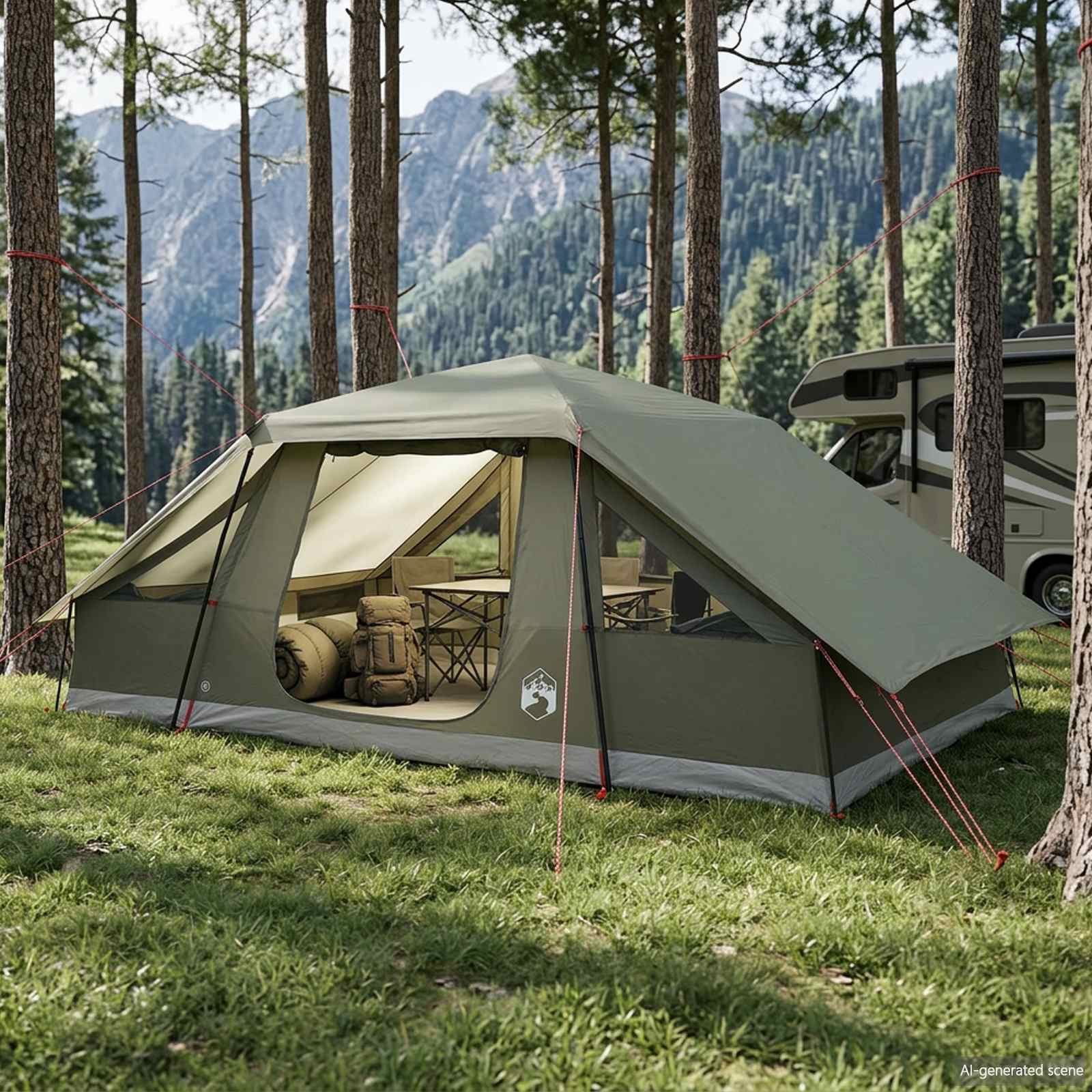 tente-10-personnes-735lio-1.jpg Tente familiale avec auvent imperméable pour 10 personnes, vert armée | Leroy Merlin – Image 1