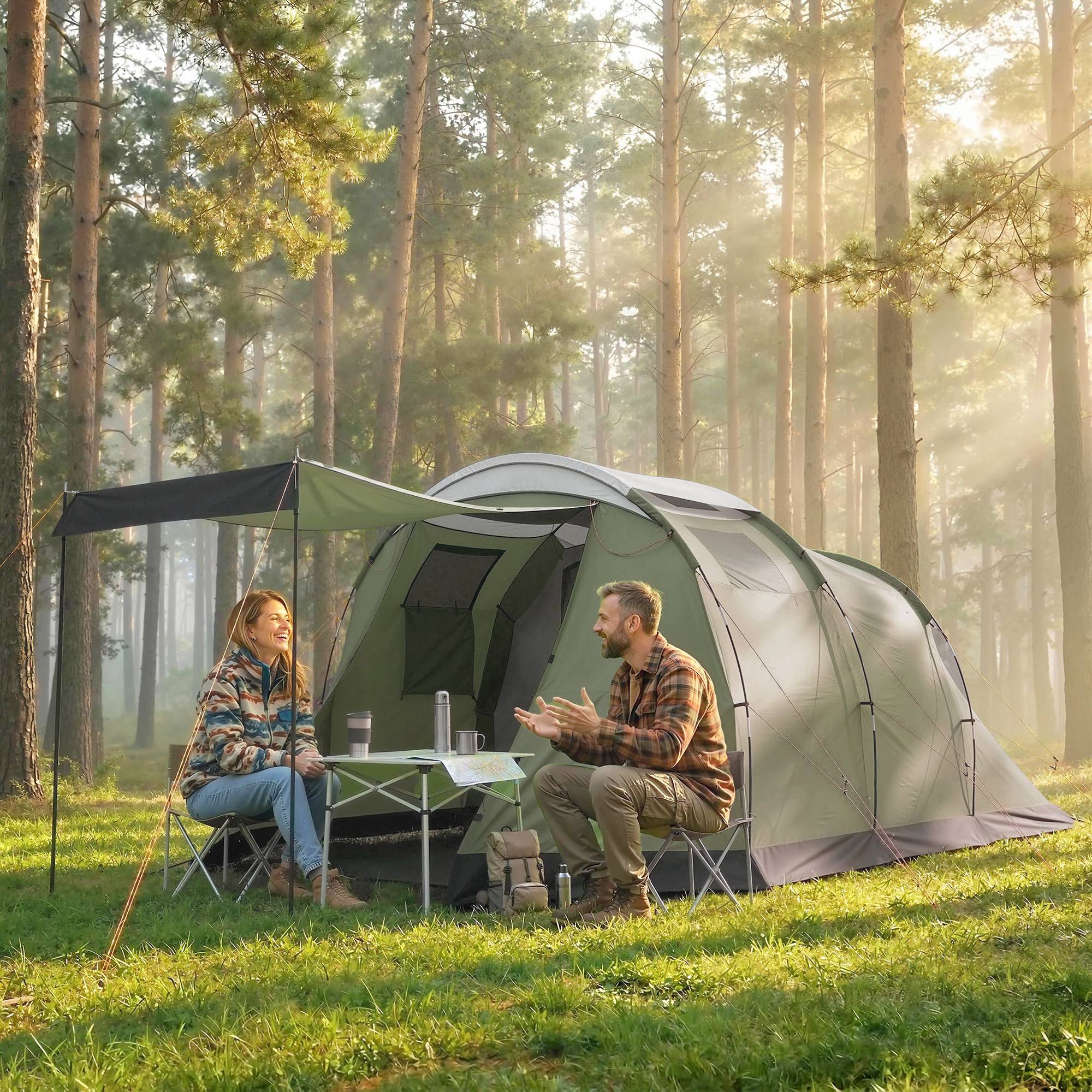 tente-camping-familiale-155kpz-1.jpg Tente camping 3 4 pers., stable, 3000mm imperméable, familiale, cabine, auvent, salon, vert – Image 1