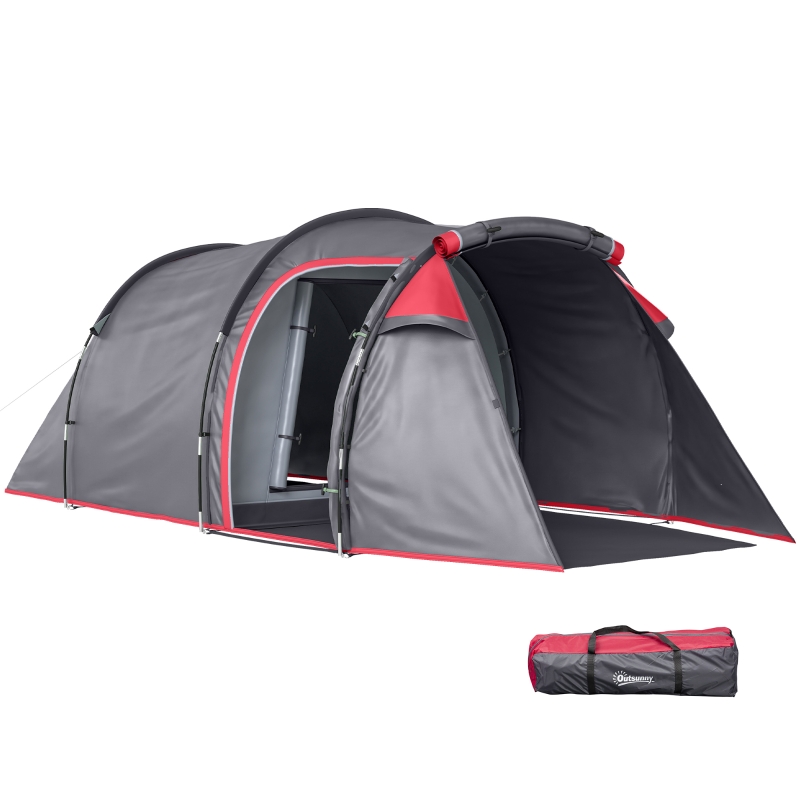 tente-camping-familiale-189iib-1.jpg Outsunny Tente de camping familiale sas d'entrée 2 3 personnes tente tunelle étanche légère ventilée facile à monter 3 portes fenêtres 4,26L x 2,06l x 1,54H m fibre verre polyester PE girs foncé – Image 1