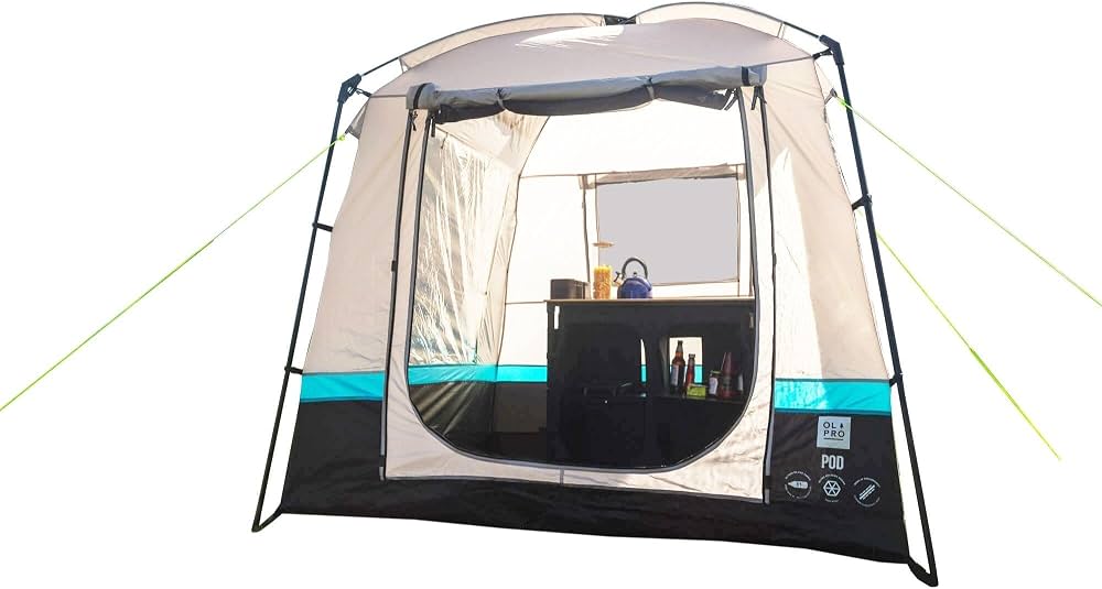 tente-cuisine-camping-664cxm-1.jpg OLPRO Pod Tente de cuisine et utilitaire, 2 x 2 m, tente de cuisine extérieure, 5000 mm H/H, imperméable, protection UV, bâche de sol cousue, accessoire de camping parfait pour le rangement : – Image 1