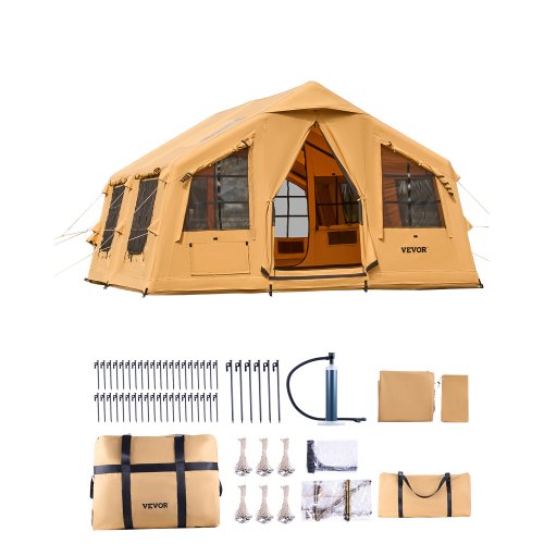 tente-de-campement-251zyc-1.jpg VEVOR Tente de Camping Gonflable, 4,8x3,6x2,2 m, Tente de Glamping de Luxe pour 8 à 12 Personnes avec Pompe à Main, 2 Puits de Lumière, Auvent, ... – Image 1