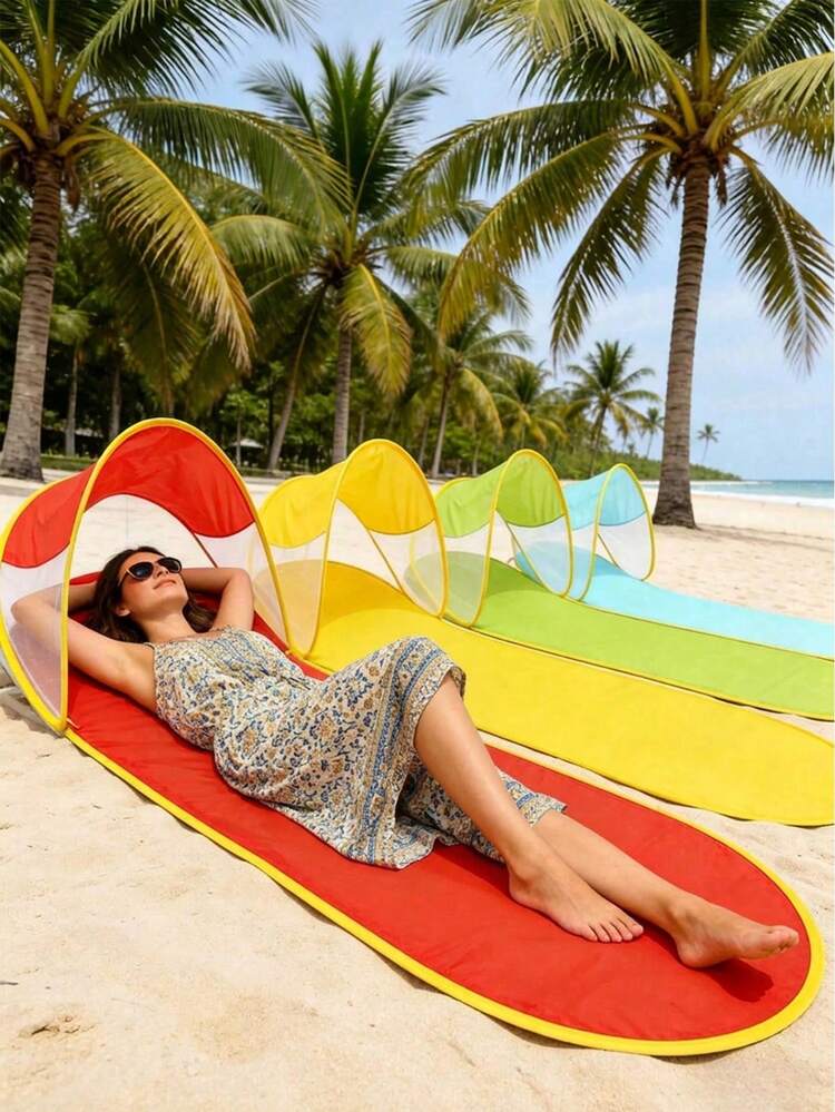 tente-pour-la-plage-255rza-1.jpg Tente de plage portable, chaise de loisirs de plage, parasol anti UV, conception pliante rapide avec sac de rangement, convient pour la plage, le camping, le vélo, la randonnée, 4 couleurs (rose/bleu/vert/jaune), installation – Image 1