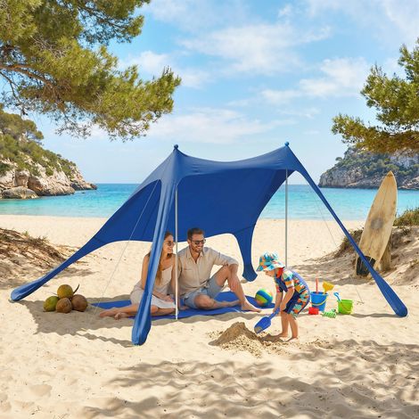 tente-pour-la-plage-437jcc-1.jpg Tente de plage UV 50+ pour 2 à 4 personnes avec tapis et pelle, en lycra et aluminium, 200 x 208 x 200 cm, bleue – Image 1